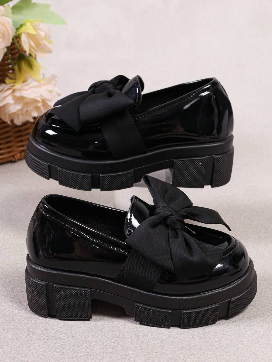 Girls' Shiny Patent Leather Thick Sole Loafers, Sweet Bow Decor, Slip-On Casual Shoes, Suitable For Various Daily Casual Occasions