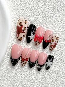 10pcs Kuku Tempel Buatan Tangan Gaya Manis dan Keren, Set Manikur Poly Gel, Motif Bintang, Pita, dan Ceri, Palet Warna Merah, Hitam, dan Cokelat, Desain Modis, Termasuk Alat Manikur, Tersedia 3 Ukuran, Bentuk Almond/Bebek/Peti, Cocok untuk Pesta, Dansa, dan Pemakaian Sehari-hari - MultiWarna - View 3