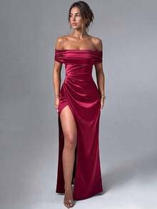 Off-Shoulder High Slit Pleated Design Formal Dress, Party Dress, Wedding Guest Dress, Prom Dress, Elegant Spring Fall - Burgundy - View 1