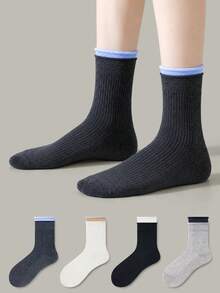 ZUJO 4 pares de calcetines de media caña con volantes lisos, estilo minimalista, adecuados para uso diario en primavera, otoño e invierno, envío de colores aleatorios - Multicolor - Ver 4