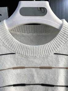 Men's Summer Round Neck Knit Sweater Short Sleeve Striped Colorblock Casual Versatile - White - View 5