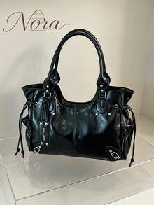 American Vintage Oil Wax PU Tote Bag For Women, Drawstring Rivet Multi-Pocket Underarm Bag, Large Capacity Casual Commute Shoulder Handbag - Black - View 3