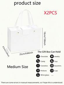 2pcs-Luxury White Magnetic Gift Box With PU Leather Handle, Rigid Flip Top Present Box, Reusable Portable Storage Tote Box For Wedding Bridesmaid Proposal Birthday Cosmetic Jewelry Holiday Gift Packaging - White Handbag - View 15