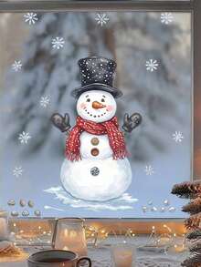 Self-Adhesive Snowman & Snowflake Wall Stickers, Removable PVC Plastic Decals With Cute Snowman, Red Scarf And Snowflakes, Asymmetrical Cut, Suitable For Doors, Mirrors, Peel And Stick Christmas Winter Decor - Multi-color - View 9
