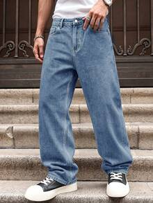 Men's Light Blue Washed Loose Fit Jeans, Rose Embroidered Back Pocket Wide Leg Denim Pants, Vintage Y2K Street Style Oversized Trousers - Blue - View 3