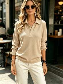 Fashion Women's Solid Color V-Neck Button Long Sleeve Blouse, Regular Fit, Suitable For Daily Wear - Khaki - View 3