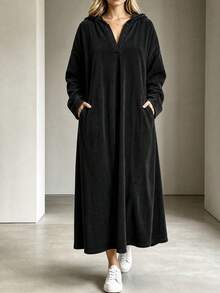 Plus Size Women's Vertical Ribbed Texture Drape Straight Hooded Maxi Dress, Loose Drop Shoulder Long Sleeve Tummy-Covering Versatile Casual Textured Sweatshirt Dress, Suitable For Daily Wear, Home And Outings - Black - View 3