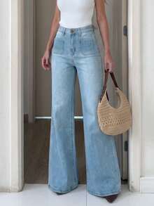Vintage Low-Rise Flare Women's Jeans, Light Blue Washed Denim, Square Front Pockets, Casual Daily Long Pants - Blue - View 3