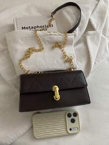 Bolso de hombro de moda de unicolor con cadena en relieve - Marrón Chocolate - Ver 5