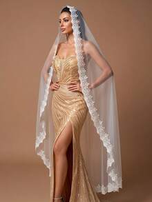 1pc Single Layer Mantilla Bridal Veil With Lace Trim, Handmade Faux Pearl Decor And Hair Comb, Wedding Veil - White - View 2