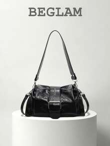 Fashion Solid Color PU Flap Shoulder Bag, Crossbody Bag, Buckle Design, Suitable For Women Shopping, Dating And Daily Use - Black - View 1