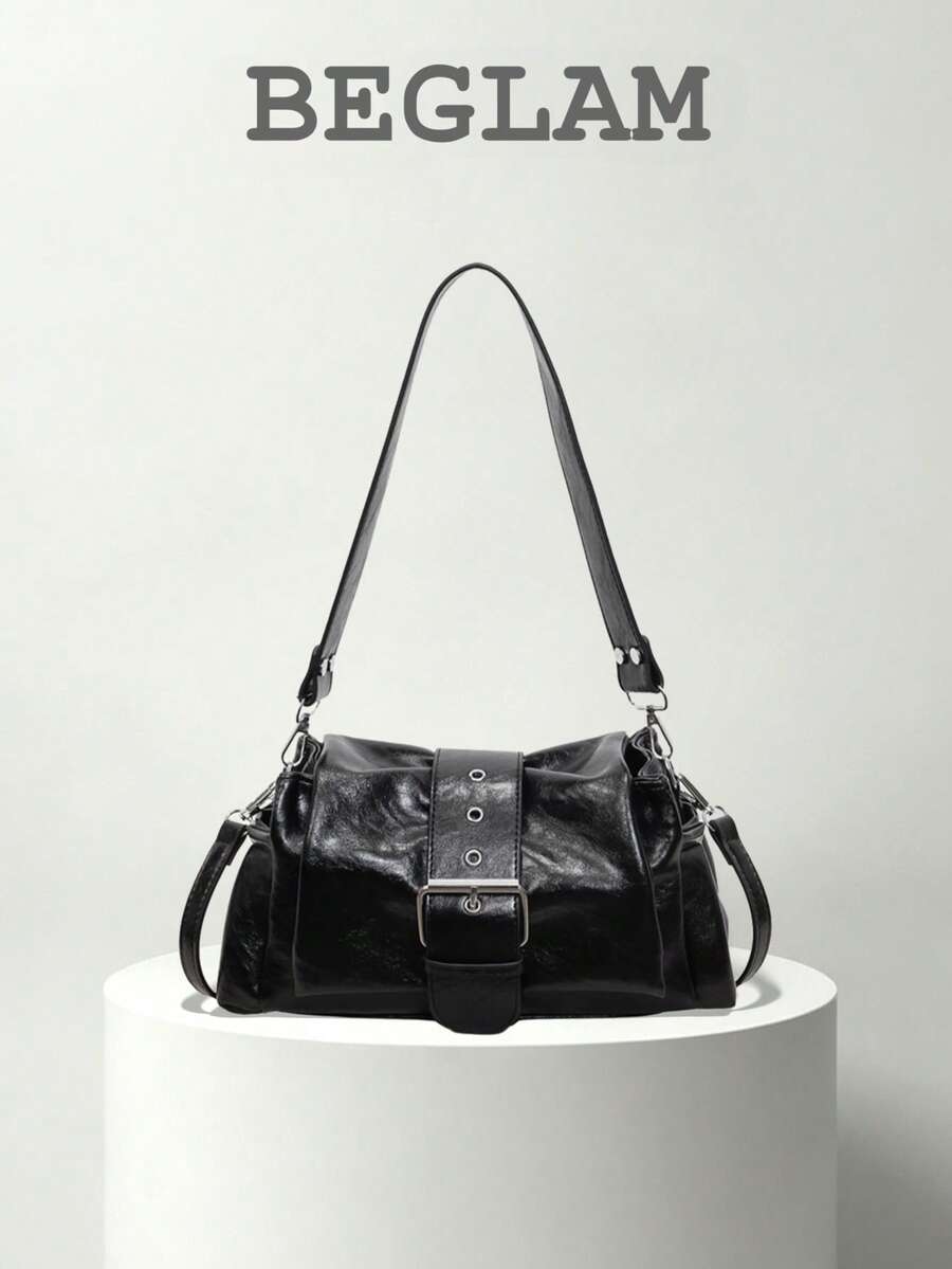 Fashion Solid Color PU Flap Shoulder Bag, Crossbody Bag, Buckle Design, Suitable For Women Shopping, Dating And Daily Use - Black - View 1