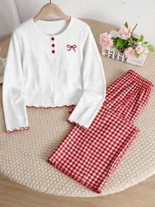 Spring And Autumn Girls' Sweet White Pit Bar Bow Printed Long Sleeve+Red And White Grid Straight Leg Pants Sleepwear Two Pieces Set,Girls' Home Clothes - Red - View 1