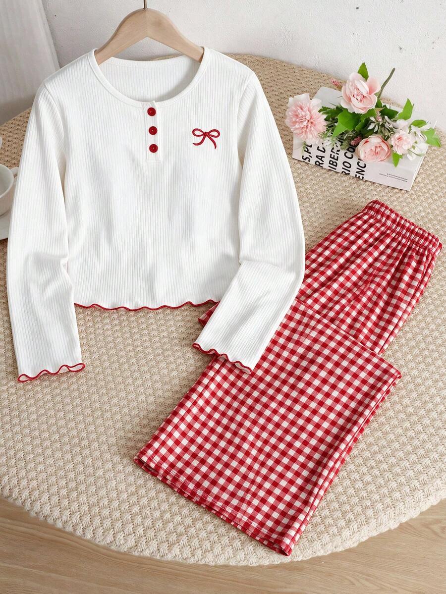 Spring And Autumn Girls' Sweet White Pit Bar Bow Printed Long Sleeve+Red And White Grid Straight Leg Pants Sleepwear Two Pieces Set,Girls' Home Clothes - Red - View 1