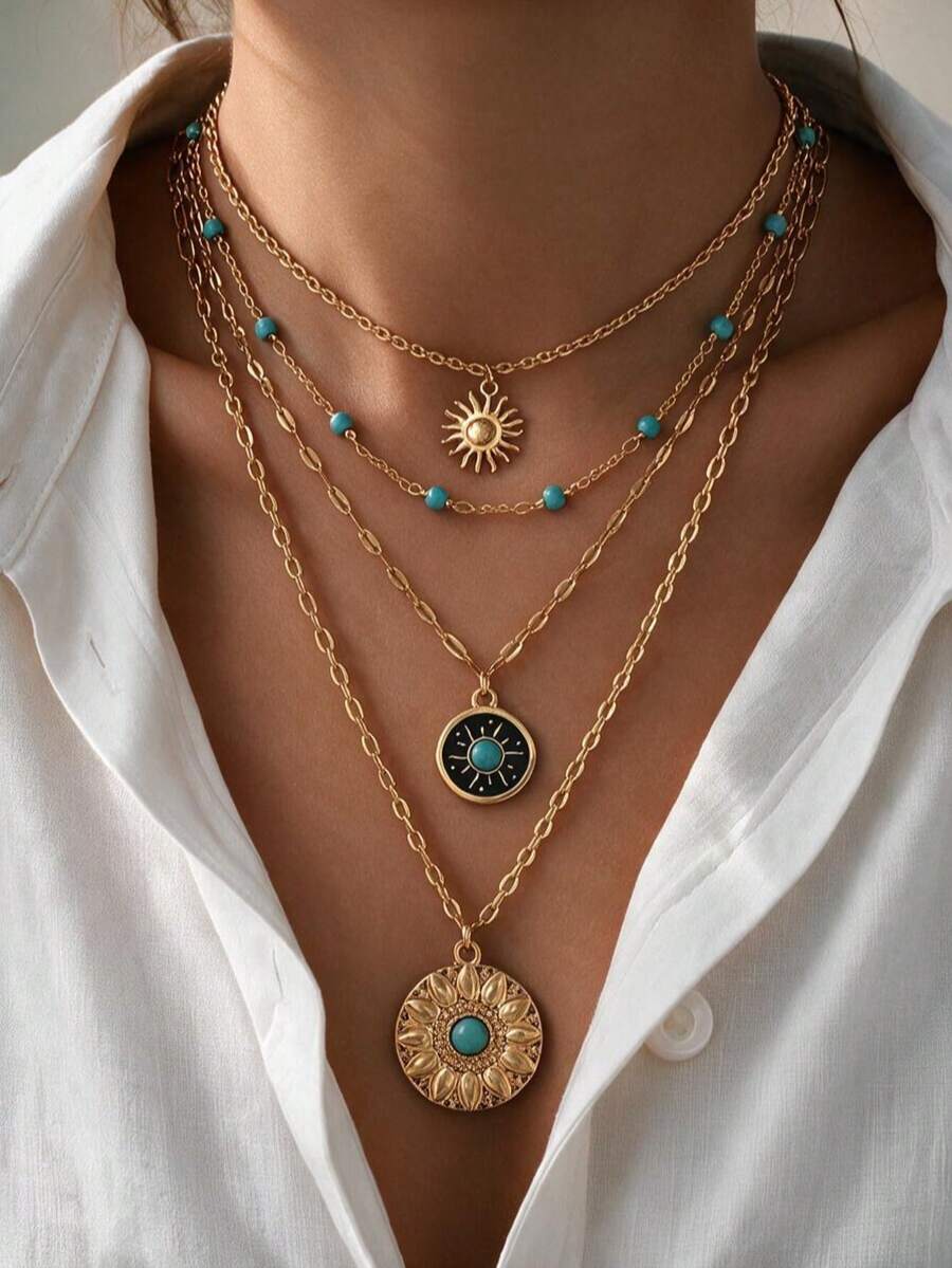 4 piezas Collar de cadena dorada multicapa versátil vintage con turquesa azul hecho a mano, collar de colgante de sol de moda, joyería de cuello para mujer, adecuado para uso diario, fiestas, festivales de música y reuniones, longitud de la cadena cortada por sección, número no fijo - Multicolor - Ver 1