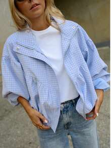 Women's Vintage Plaid Zipper Flight Jacket, Loose Fit Stand Collar Street Style Autumn Outerwear - Blue - View 9