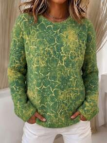 pull en tricot floral vert pour femmes, tenue d'automne, style décontracté, style basique, tenue de bureau automne - Vert - Voir 3