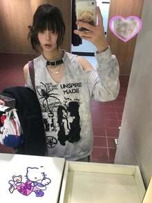 Korean Style Sweet Cool Hot Girl Spider Graffiti Off-Shoulder Long Sleeve Sweatshirt Women Autumn Winter Design Loose Slimming Top - Light Grey - View 2
