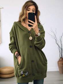 Plus Size Women Army Green Hooded Cardigan Bee Embroidery Knit Sweater Button Front Loose Coat Autumn Winter Cottagecore Fall - Army Green - View 2