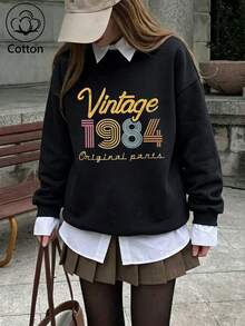 Women Cotton Crew Neck Loose Sweatshirt For Autumn Vintage 1984 Original Parts Print Long Sleeve Black Casual Street Sport Style - Black - View 4