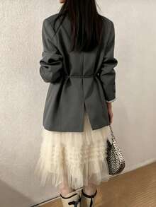 Blazer Wanita Musim Gugur/Dingin, Modis, Warna Polos, Berlapisan, Ukuran Besar, Bantalan Bahu, Bahu Lebar, Kancing Tunggal, Berikat Pinggang, Panjang Sedang, Lengan Panjang - Grey - View 2