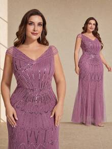 EVERPRETTY Autumn/Winter Plus Size Women's Luxury Glamorous Long Formal Evening Gown, Heavy Sequin Embroidery Mesh Detail, Cold Shoulder Short Sleeve Elegant Vintage Party Dress Suitable For Evening Party Wedding - Dusty Pink - View 7