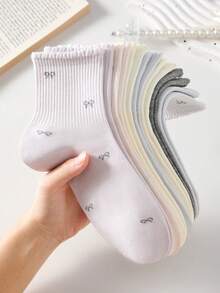 4 Pairs Women's Cute Sweet Romantic Breathable Bow Pattern Short Socks, White Casual Comfortable Mid-Calf Socks, College Style Student Socks, Fashionable Comfortable, Random Color, Suitable For Daily Wear, Spring Summer Autumn Winter All Seasons - Multicolor - View 2