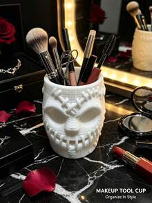 Cubo de almacenamiento multiusos con diseño de calavera cosida creativa, organizador de brochas de maquillaje de Halloween espeluznante, soporte de papelería para tocador, decoración de mesa festiva atmosférica - Multicolor - Ver 3