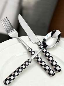 4/24pcs Unique Checkered Pattern Stainless Steel Tableware Set, Beautiful And Elegant Porcelain, Multiple Colors, Including Ceramic Handle Silverware, Creative Kitchen, Including Forks, Table Knife, Spoons, Dessert Spoon, Suitable For Daily Dining - Multicolor - View 11