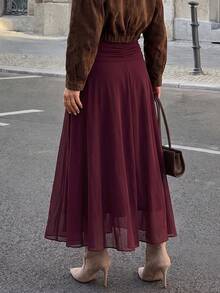 Yepolly-Pop Women's Spring/Summer High Waist Ruched A-Line Flowy Maxi Skirt, Olive Green, Paris Street Style, Back To School Elegant Outfit - Red - View 5