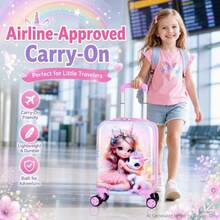 Girls Cartoon Printed Rolling Luggage, Hard Shell Kids Carry‑On Suitcase With Universal Wheels & Telescopic Pull Rod, Ideal For Short Trips - Pink - View 7