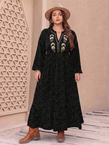 Bohemian Polka Dot Embroidered Flowy Hem Women's Plus Size Dress - Black - View 2