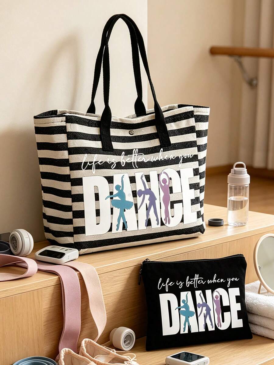 Large Capacity Black And White Striped Tote Bag With "DANCE" Lettering, Foldable Canvas Shoulder Bag, Striped Tote Bag, Includes A Cosmetic Pouch. - Multicolor - View 1