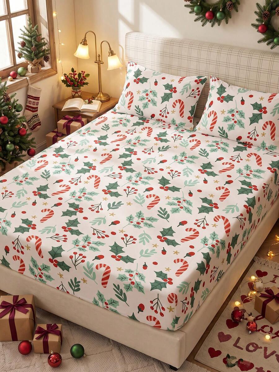 1pc Christmas Wreath Fitted Sheet, Christmas Dorm Bedding, Xmas Mattress Protector, Holiday Bed Cover, Christmas Room Decor, Deep Pocket, Skin‑Friendly & Breathable, Supersoft & Lightweight, Fits Twin/Full/Queen/King, No Pillowcase - Multicolor - View 1
