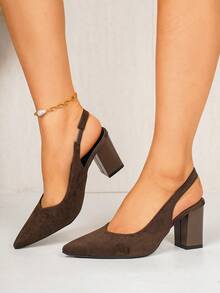 Brown Pointed Toe Suede Women's High Heel Shoes, Low Shaft, Fashionable Versatile Chunky Heel, Popular Design, Commute Minimalist Elegant Slingback Pumps - Brown - View 6