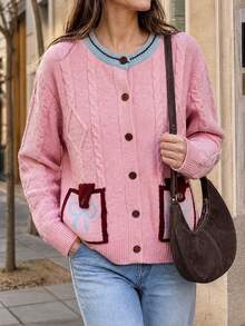 JIANHU Pink Bow Pocket Cardigan - Autumn/Winter - Pink - View 4