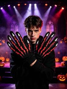 1 Par de Luvas com Estampa de Esqueleto de Halloween, Luvas de Fantasia de Garra de Fantasma Vermelha, Acessório de Fantasia para Festa de Halloween e Role Play - Multicolorido - Visão 1