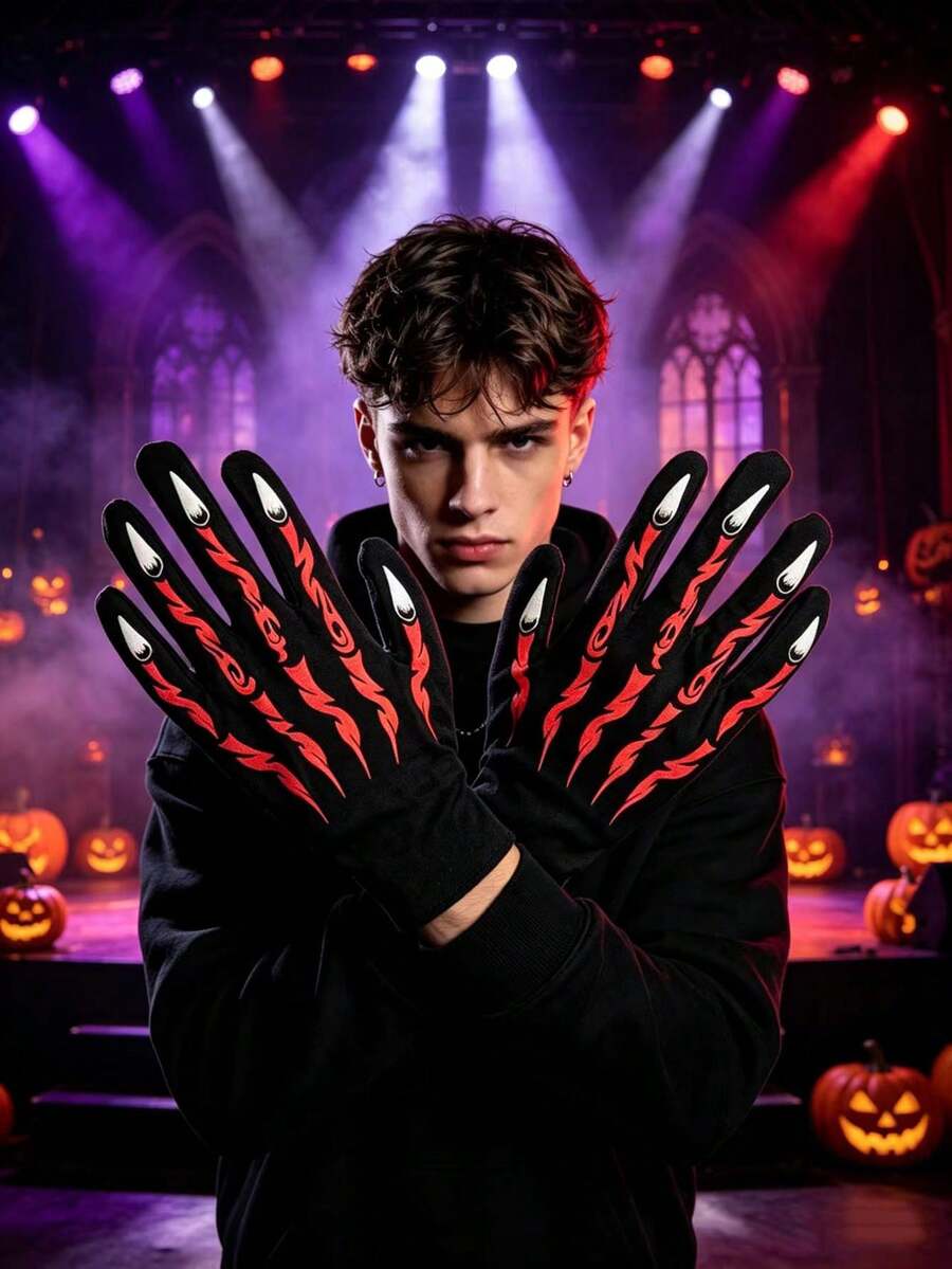 1 Par de Luvas com Estampa de Esqueleto de Halloween, Luvas de Fantasia de Garra de Fantasma Vermelha, Acessório de Fantasia para Festa de Halloween e Role Play - Multicolorido - Visão 1