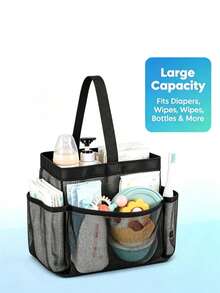 Baby Care Storage Tote Bag, Multi-Pocket Mesh Storage Basket, Portable Baby Supplies Organizer Bag, Suitable For Diapers, Towels And Daily Essentials - Black - View 5
