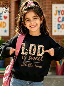 Girls' Cotton Top, Printed, Comfortable, Relaxed-Fit Dropped-Shoulder Sweatshirt, Round-Neck Oversized Sweatshirt - Black - View 1