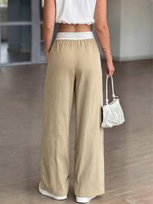 Women's High Waist Drawstring Striped Wide Leg Pants, Solid Khaki Loose Casual Long Pants, Comfortable And Soft, Suitable For Fitness And Daily Street Wear - Khaki - View 7