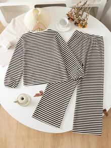 2pcs/Set Spring/Autumn Girls Long Sleeve Outfit, Bowknot Striped Crew Neck Long Sleeve Top With Elastic Waist Wide Leg Pants - Brown - View 2