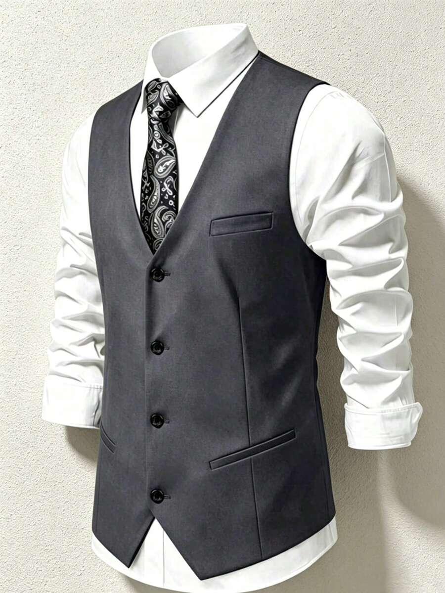Men's Slim Fit Suit Vest, Casual Groomsman, Groom Waistcoat, Business Banquet, Spring & Autumn - Grey - View 1