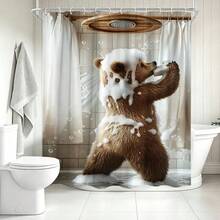 1pc Funny Brown Bear Shower Curtain, Quirky Animal Bathroom Decor Curtain - Suitable For Bathroom Decoration, Bathroom Curtain - Easy To Clean, Exquisite Home Decor, Bathroom Partition Curtain, Decorative Shower Curtain, Bathroom Accessories Home Decor Gift - Includes 12 Hooks - Multicolor - View 1