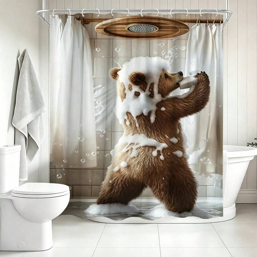 1pc Funny Brown Bear Shower Curtain, Quirky Animal Bathroom Decor Curtain - Suitable For Bathroom Decoration, Bathroom Curtain - Easy To Clean, Exquisite Home Decor, Bathroom Partition Curtain, Decorative Shower Curtain, Bathroom Accessories Home Decor Gift - Includes 12 Hooks - Multicolor - View 1