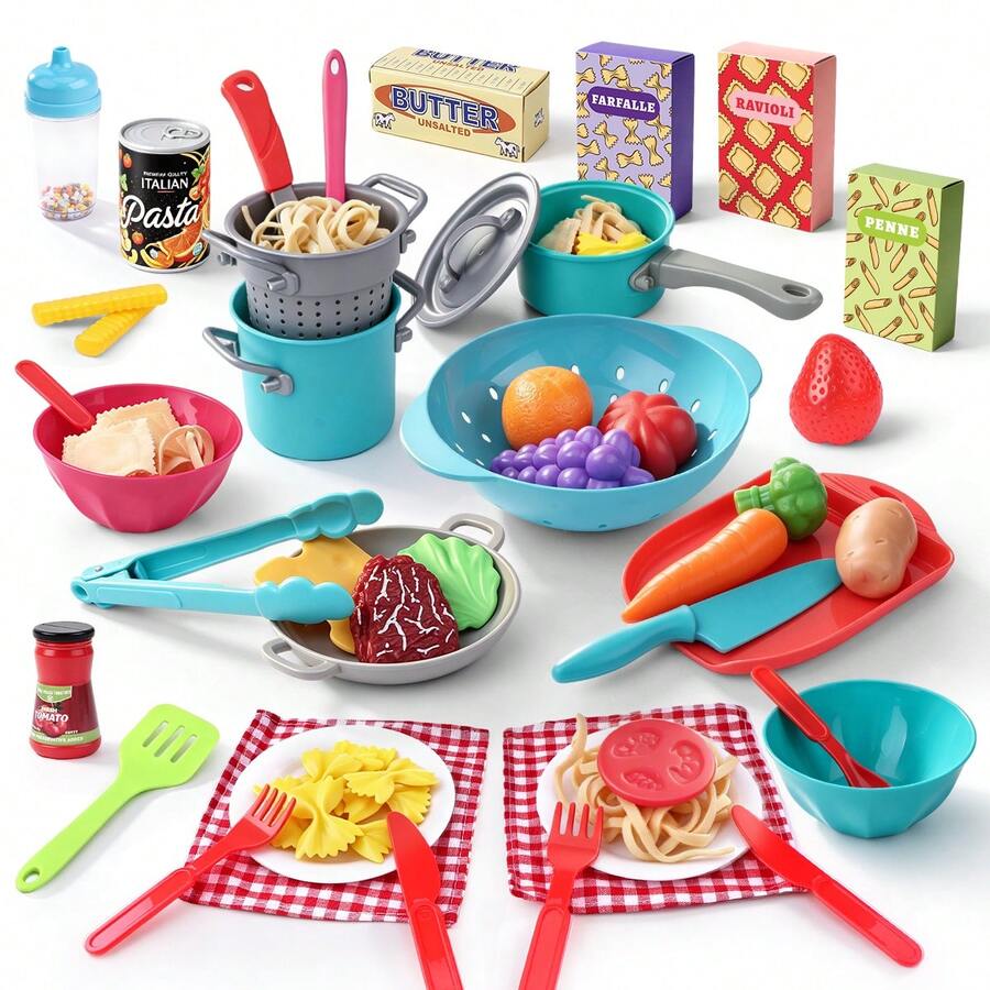 Parent-Child Interactive Realistic Western Kitchen Toy Set, Kids Pasta & Steak Cooking Role Play Game, Sliceable Fruits & Vegetables, Realistic Noodles & Ingredients, Complete Pot & Tableware Set, Recreates The Full Cooking Process - Multicolor - View 1
