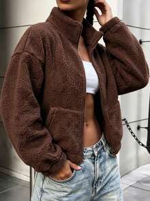 Women's Autumn/Winter/Spring Casual Zip-Up Lamb Fleece Wool Short Jacket, Fashion Solid Color Teddy Top, Slim Fit Sweatshirt For Outdoor, Fitness And Sports - Brown - View 5