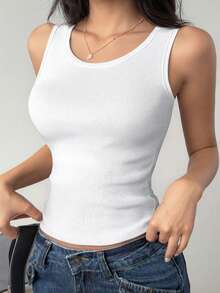 2pcs Atasan Tank Top Rajut Wanita Warna Polos Leher Bulat, Atasan Crop Camisole Kasual - MultiWarna - View 3