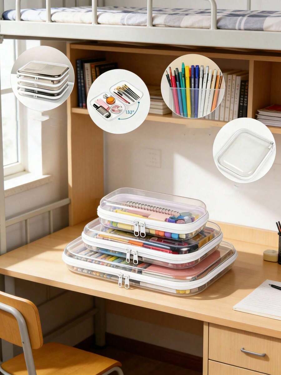 Clear Hard‑Shell Portable Travel Organizer Set , Zipper Hard Plastic Cosmetic Toiletry Storage Case , Waterproof Dustproof Shockproof Reusable Multi‑Purpose Container For Business Trip And Daily Use
