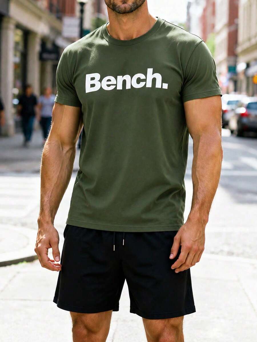 Plus Size 2-Piece Set: Men's "Bench." Letter Print T-Shirt And Shorts 2-Piece Set, Casual Crew Neck T-Shirt And Drawstring Shorts Set - Army Green - View 1